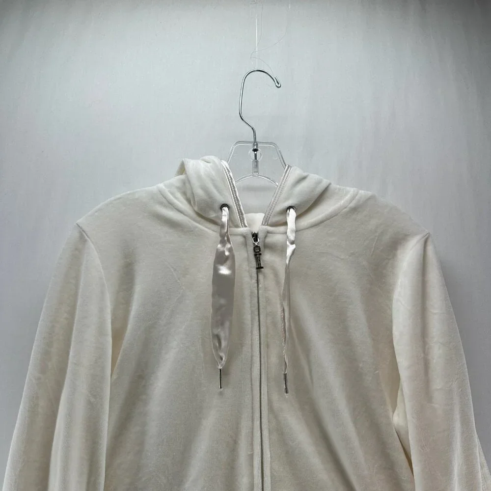 Izod Movement Velour Full-zip Hooded Sweatshirt Women L Stretch Pocket Off White - Picture 4 of 12